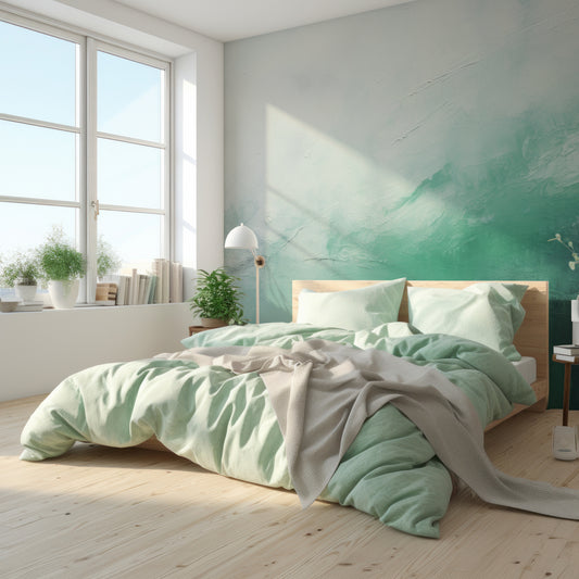 Mint Texture Abstract Wallpaper In Bedroom With Large Windows With Light Mint Green Bedding And Grey Bedding On Wooden Bed