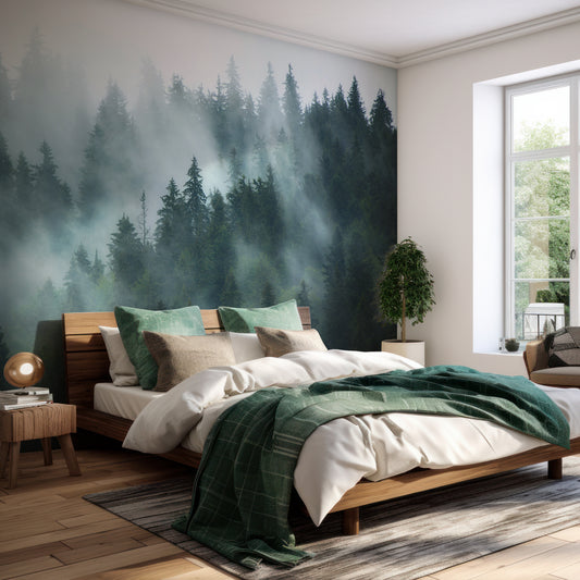 Mist Wallpaper In Bedroom With Green Bedding And Wooden Bed With Large Window Letting Lots Of Light In