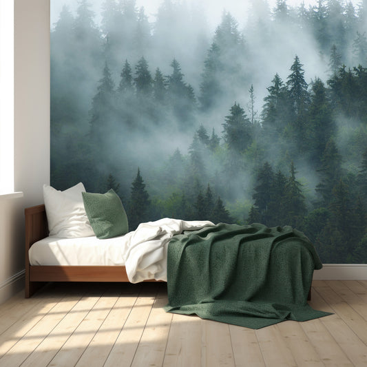 Mist Wallpaper In Children's Bedroom With Wooden Bed and White And Dark Green Blankets
