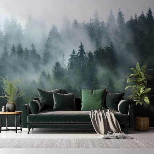Mist Wallpaper In Living Room With Dark Black Green Sofa And Plants