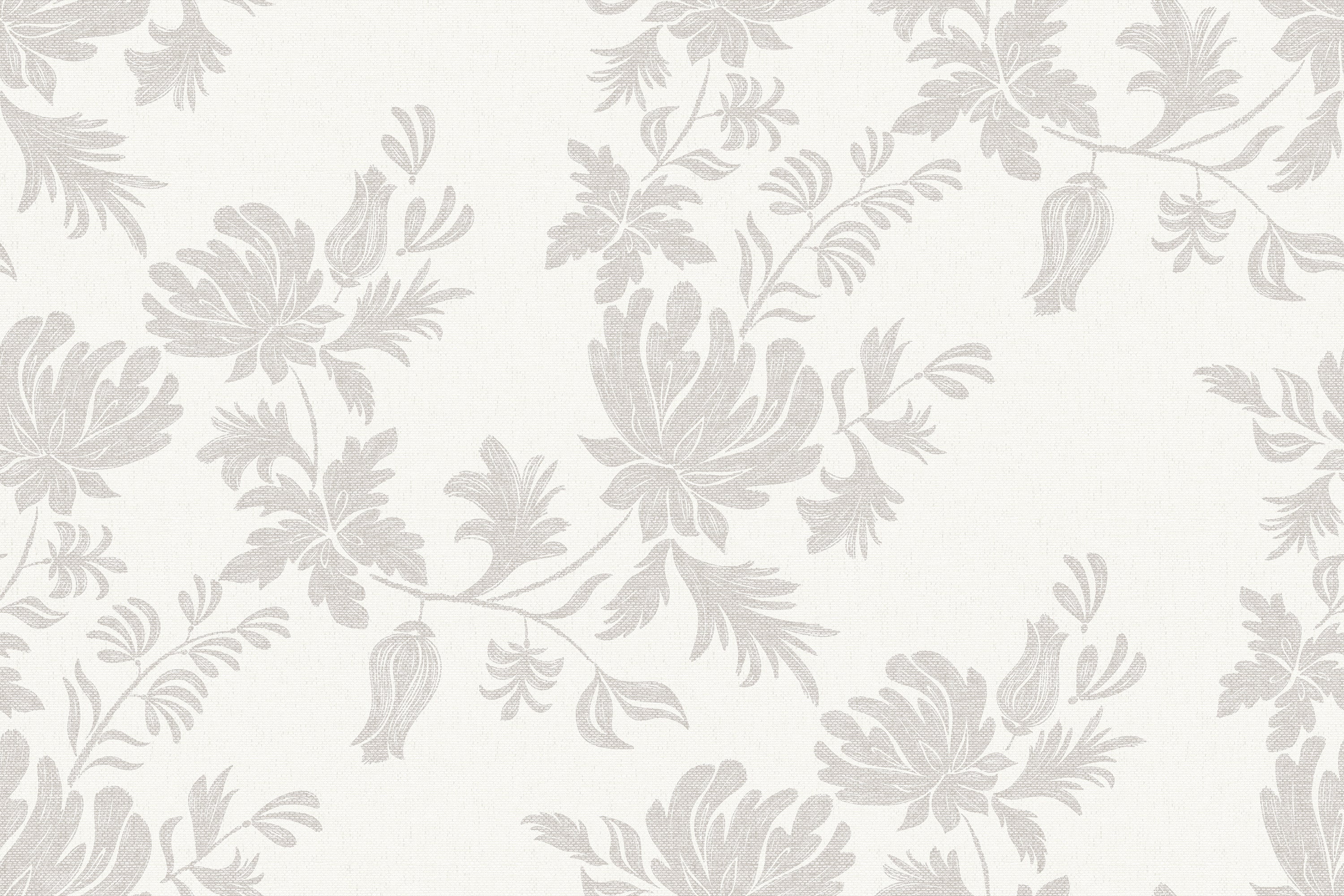 Decorative floral pattern in light gray on a white background