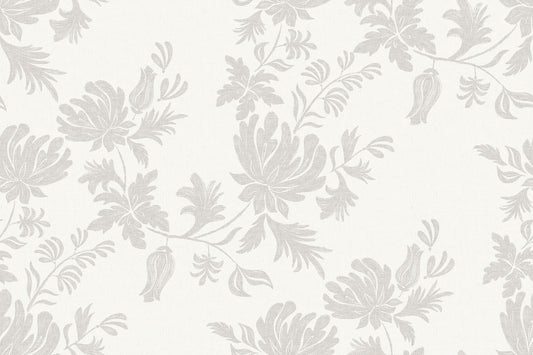 Decorative floral pattern in light gray on a white background