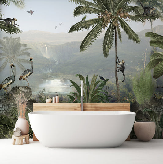 Monkey Sanctuary Wallpaper In Bathroom With White Bathtub And Green & Beige Plants With Wooden Backing