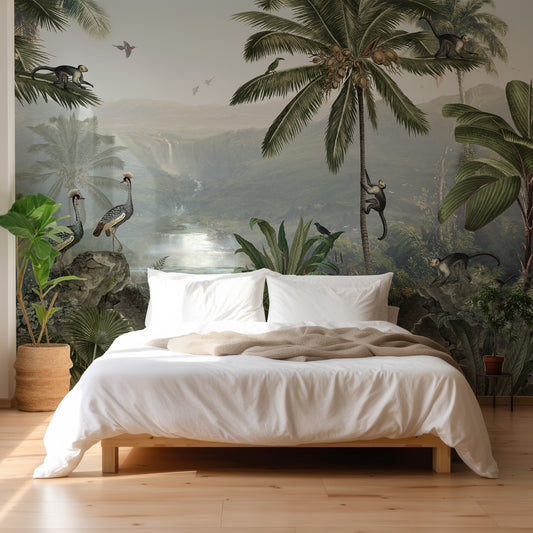 Monkey Sanctuary Wallpaper In Blank Bedroom With White Duvet Covers & Pillows With Green Plant
