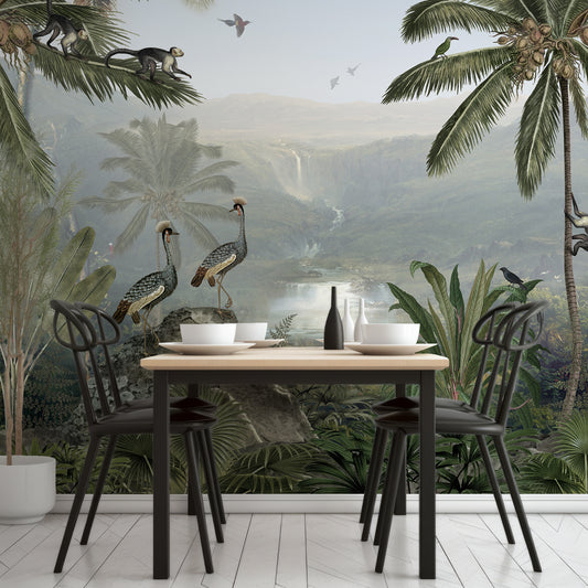 Monkey Sanctuary Wallpaper In Dining Room With Black Tables And Chairs With Wooden Table Top