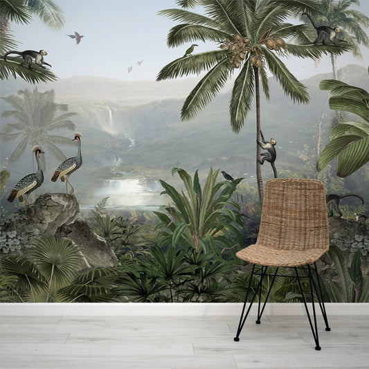 Monkey Sanctuary Wallpaper Mural In Room With Wooden Woven Chair