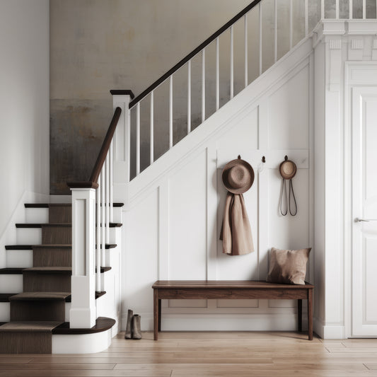 Monochrome Melody Wallpaper In Hallway With Dark Wooden And White Stairway