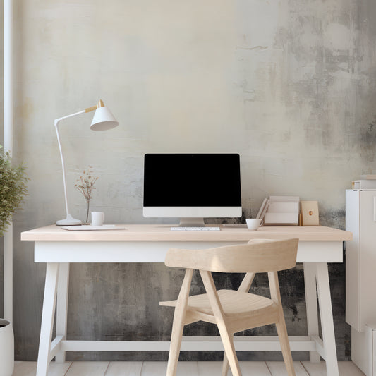 Monochrome Melody Wallpaper In Office With White And Wood Desk And Computer Screen With Lamp And Plants