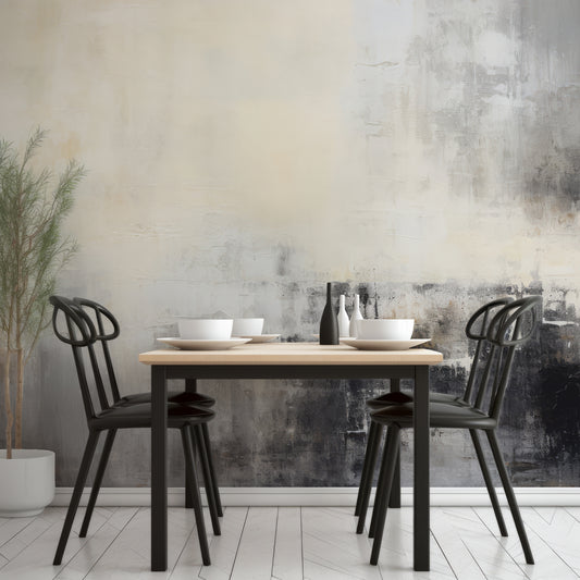 Monochrome Melody Wallpaper Mural In Dining Room With Black Tables And Chairs With Wooden Table Top