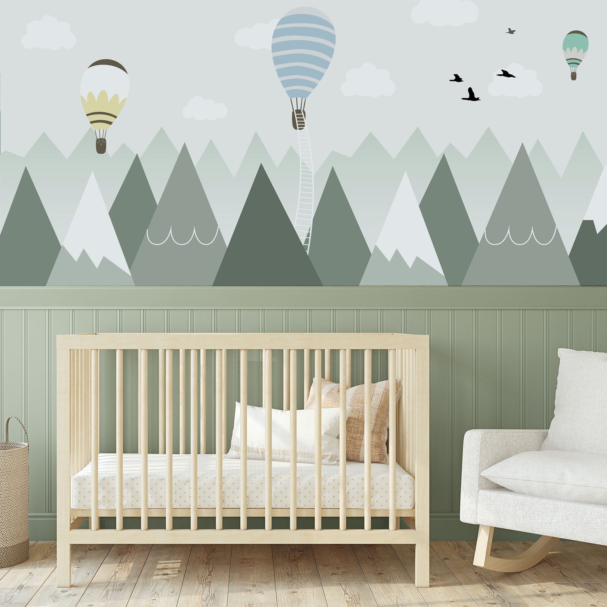 Wall Mural - Sage Mountain Tops and Hot Air Balloons - Traditional Wallpaper (Paste-the-wall) - Made to Measure