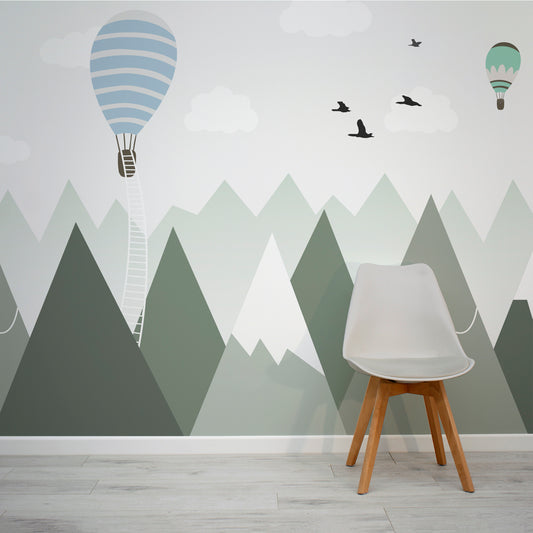 Mountain Dreams Sage Mountain Tops and Hot Air Balloons Wallpaper Mural with Grey Chair