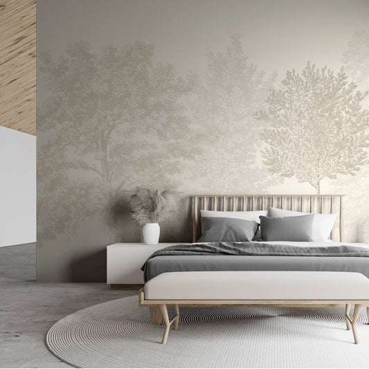 Muted Forest Wallpaper In Bedroom With Grey Bed
