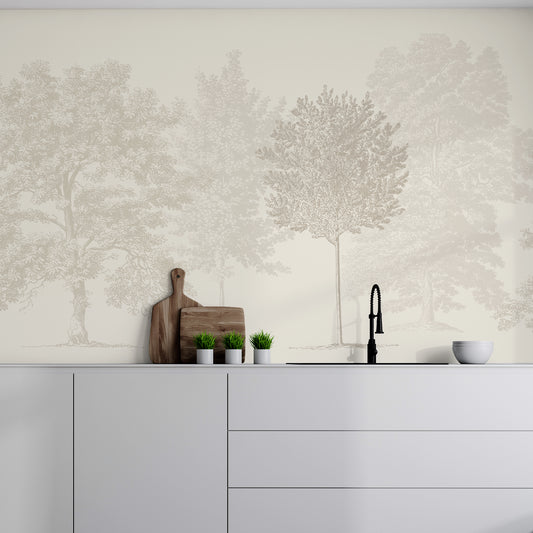 Muted Forest Wallpaper In Kitchen With White Worktops And Wooden Chopping Boards