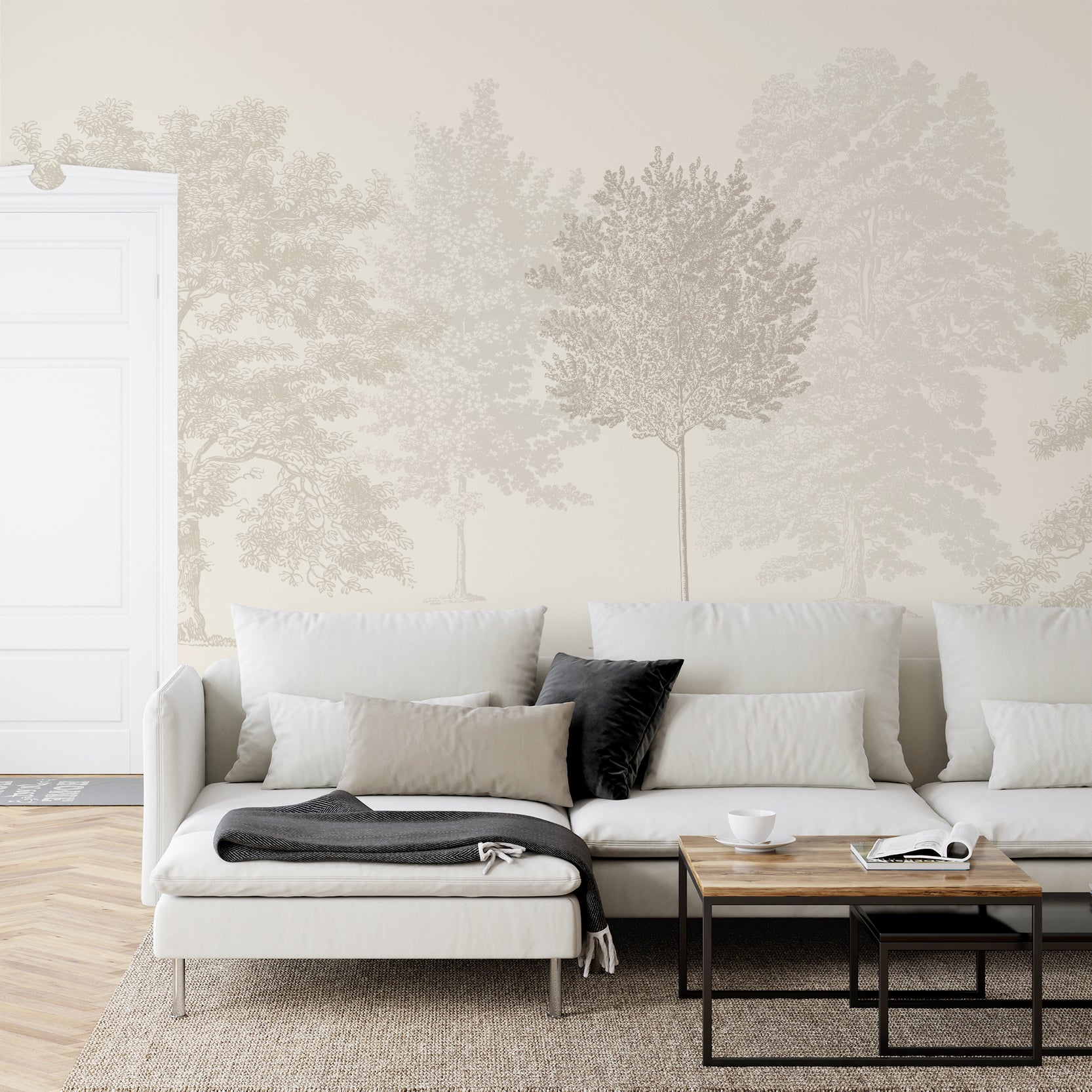 Wall Mural - Cream Neutral Illustrated Washed Out Trees - Traditional Wallpaper (Paste-the-Wall) - Made to Measure