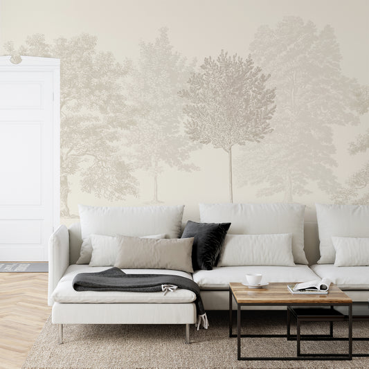 Muted Forest Wallpaper In Living Room With White SOfa & Wooden Coffee Table