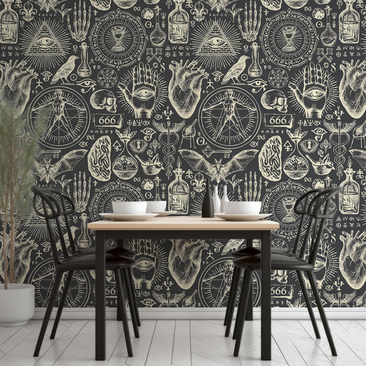 Mystic Grimoire Noir Wallpaper In Dining Room With Black Tables And Chairs With Wooden Table Top