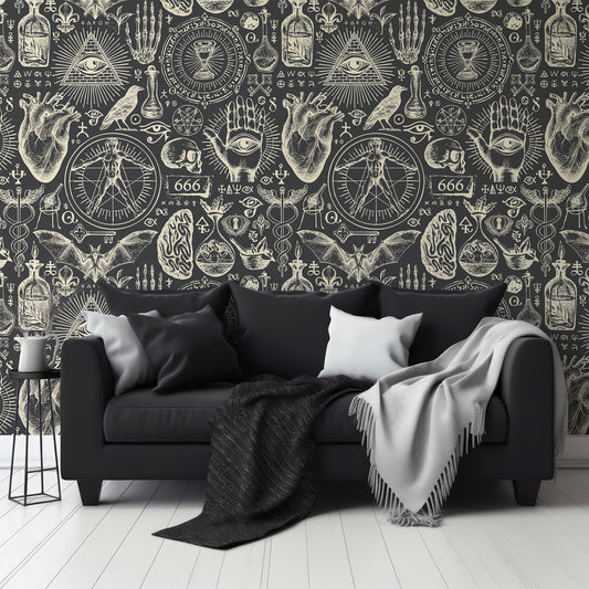 Mystic Grimoire Noir Wallpaper In Living Room With Dark Black Slofa And Grey And Black Blankets With Small Black Coffee Table
