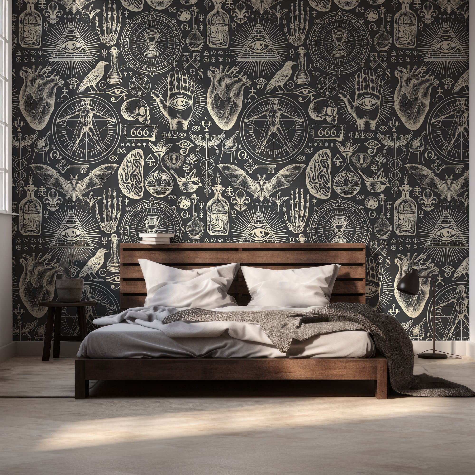 Wall Mural - Black Gothic Witchcraft Illustrations Wallpaper - Traditional Wallpaper (Paste-the-Wall) - Made to Measure