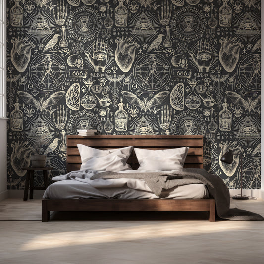Mystic Grimoire Noir Wallpaper In Room With Dark WOoden Queen Size Bed & Grey Bedding