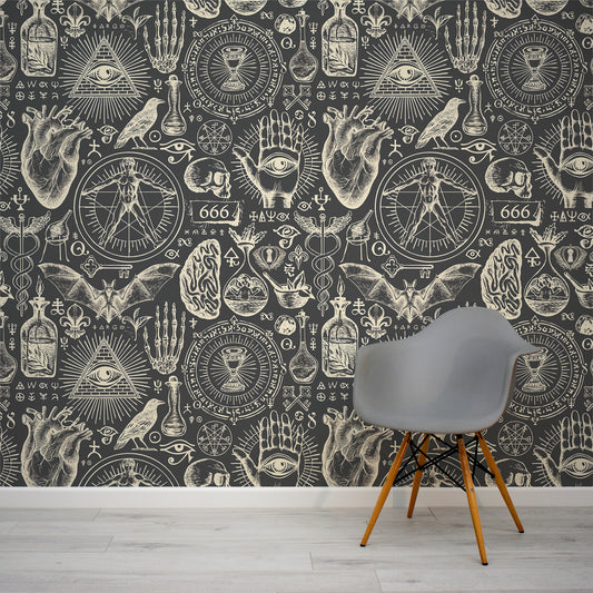 Mystic Grimoire Noir Wallpaper In Room With Grey Chair