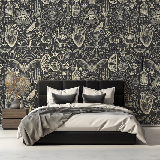 Mystic Grimoire Noire Wallpaper In Bedroom With Black Queen Size Bed With Wooden Cabinets And Plants