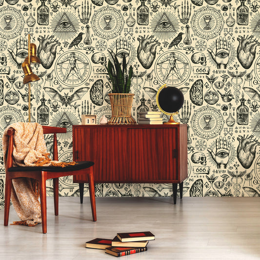 Mystic Grimoire Wallpaper In Lounge With Wooden Cabinets & Chairs & Black Globe With Gold Accents