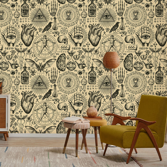 Mystic Grimoire Wallpaper In Lounge With Yellow Chair & Stools