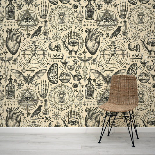 Mystic Grimoire Wallpaper In Room With Wooden Woven Chair