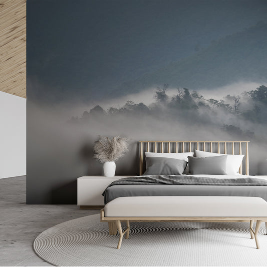 Mystical Morning Haze wallpaper in bedroom with wooden bed with grey and white bedding in an open plan room with grey flooring