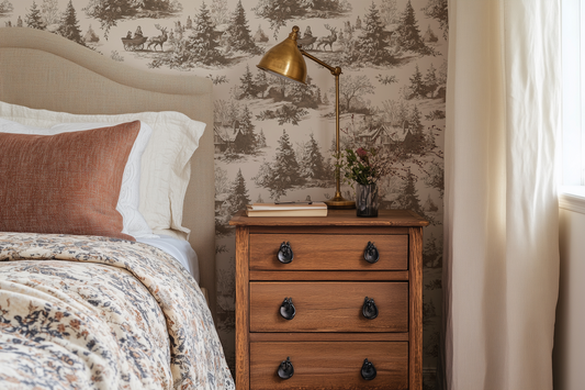 Toile Wallpaper in a brown bedroom