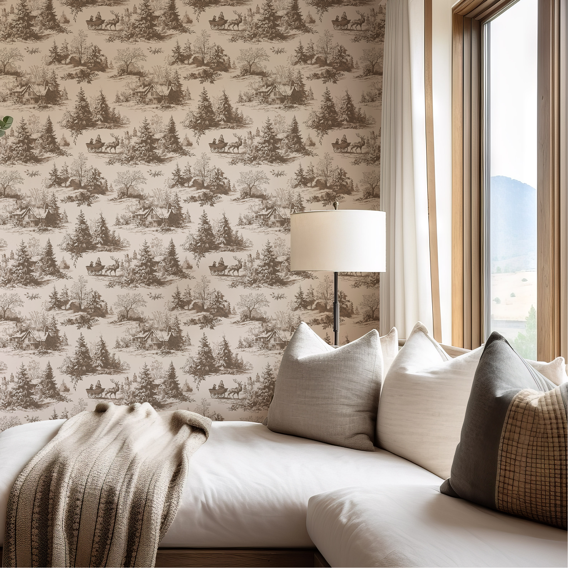 Wall Mural - Elegant Brown Scenic Winter Woodland Cottage Art Pattern - Removable Wallpaper (Peel & Stick) - Made to Measure