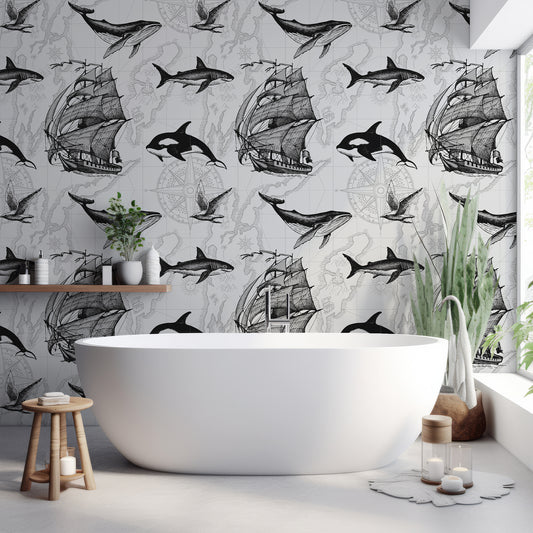 Nautical Odyssey Map Monochrome Wallpaper In Bathroom With White Bathtub And Green Plants With Wooden Stool & Candle