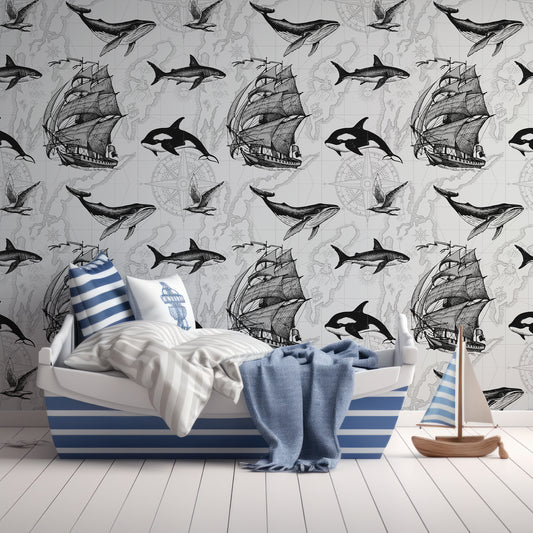 Nautical Odyssey Map Monochrome Wallpaper In Children's Room With Pirate Themed Stripy Blue And White Bed With Wooden Toy Pirateship
