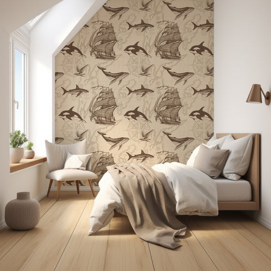 Nautical Odyssey Map Sepia Wallpaper In Bedroom With Bed Facing Sideways With Beige Blanket And Bedding With Small Corner Chair And A Couple Of Plants On The Window