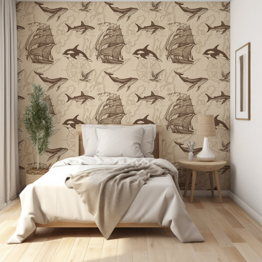 Nautical Odyssey Map Sepia Wallpaper In Bedroom With Small Single Bed With Wooden Frame And Beige Bedding