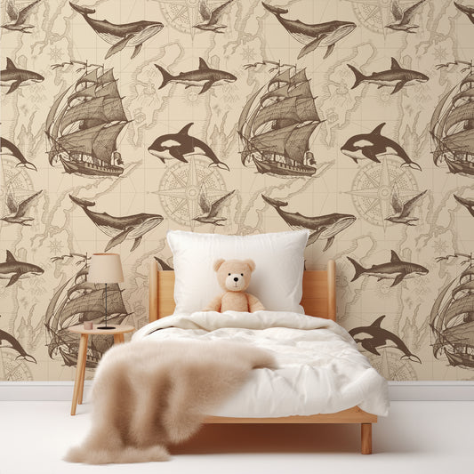 Nautical Odyssey Map Sepia Wallpaper In Children's Bedroom With White Bed And Fluffy Beige Blanket With Teddy Bear In The Bed