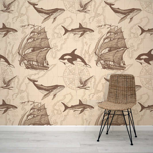Nautical Odyssey Map Sepia Wallpaper In Room WIth Wooden Chair