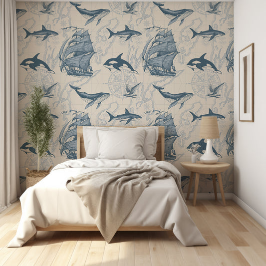 Nautical Odyssey Map Wallpaper In Bedroom With Small Single Bed With Wooden Frame And Beige Bedding