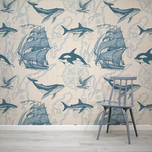 Nautical Odyssey Map Wallpaper In Room WIth Blue Chair