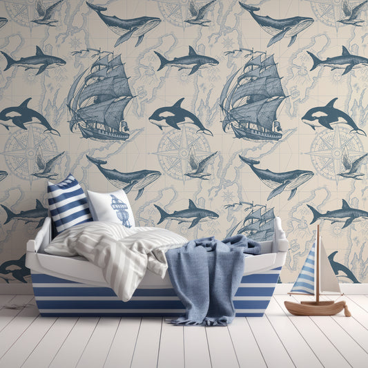 Nautical Odyssey Wallpaper In Children's Room With Pirate Themed Stripy Blue And White Bed With Wooden Toy Pirateship