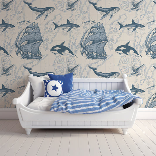 Nautical Odyssey Wallpaper In Childrens Room With White Wooden Bed Couch With Blue And White Cushions