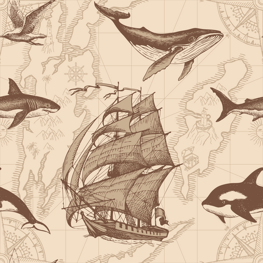 Odyssey Sepia - Beige Ships And Sea Mammals Map Wallpaper