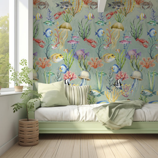 Nautilus Aqua In Kid's Bedroom With Green Single Bed With Stripy Cushions