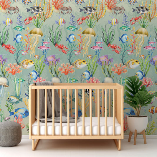 Nautilus Aqua In Nursery With Wooden Crib And Green Plant And Grey Blankets