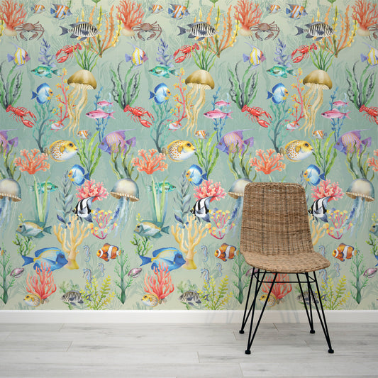 Nautilus Aqua Turquoise and Grey Underwater Fish Wallpaper with Rattan Chair