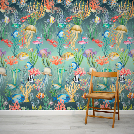 Nautilus Blue Turquoise Underwater Fish Wallpaper Mural with Folding Chair