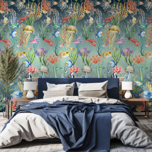 Nautilus Blue In Bedroom With Navy Blue Bed And Large Green Plant
