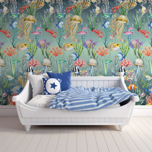 Nautilus Blue In Children's Room With White Wooden Bed Couch With Blue And White Cushions
