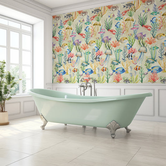 Nautilus Cream In Bathroom With Large Windows And Light Mint Green Bathtub