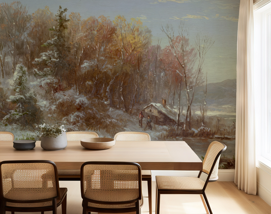 Dining room with a large wall mural of a snowy landscape.